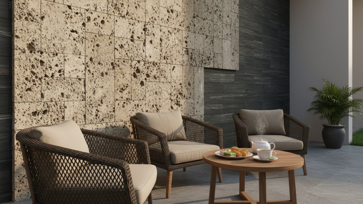 Detail tekstur batu travertine dan slate yang menunjukkan perbedaan pori dan karakter permukaan.