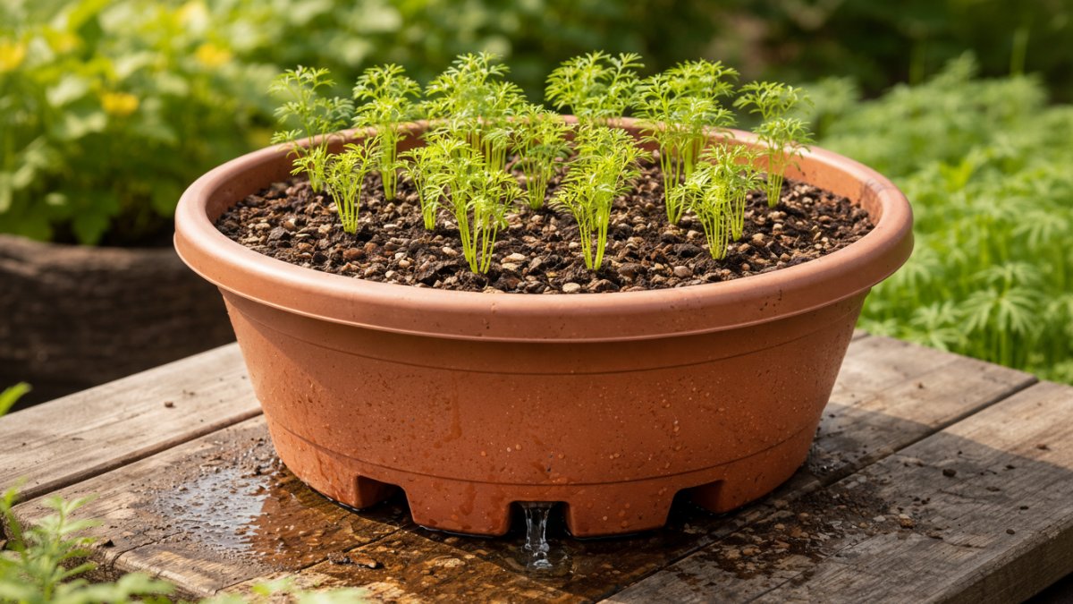 Pot berisi bibit wortel dengan lubang drainase untuk mencegah genangan air.