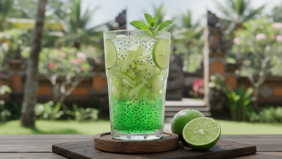 Segelas es kuwut khas Bali dengan kelapa muda, melon serut dan selasih di tengah cuaca panas tropis.