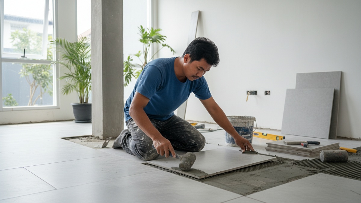 Proses memasang keramik agar kebutuhan material presisi dan tidak boros