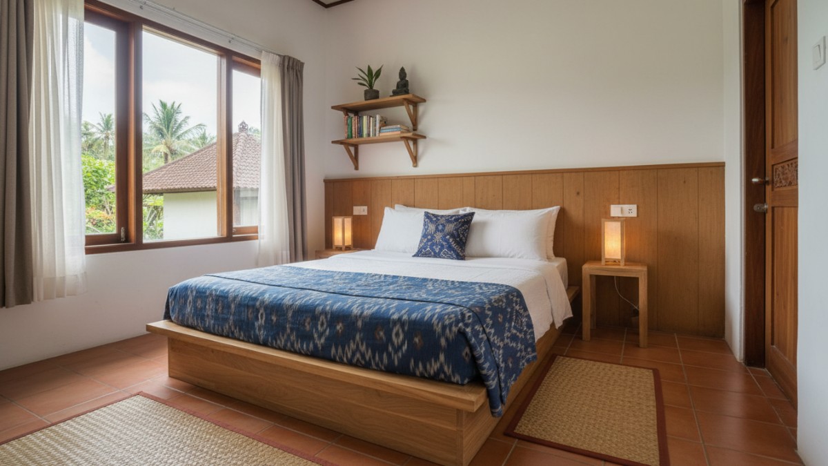 Contoh jendela dan pencahayaan ideal pada kamar minimalis tropis.