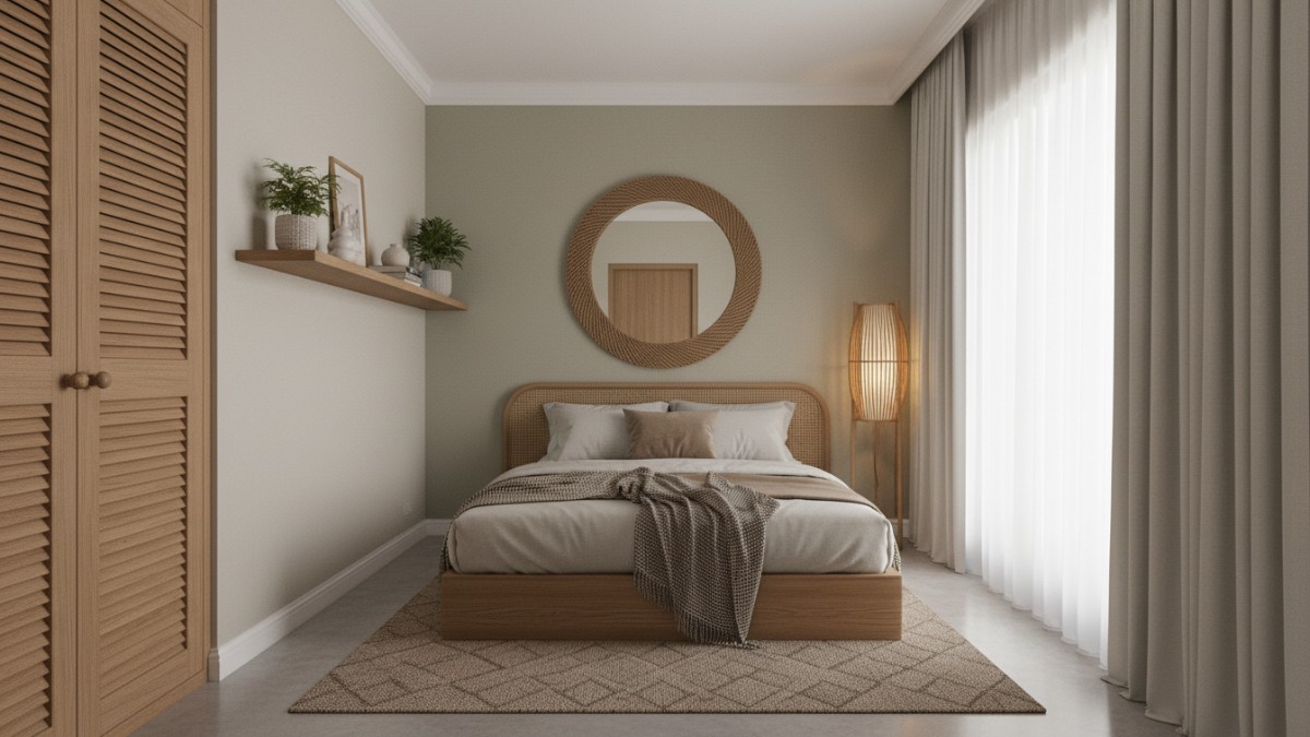 Kamar 3x3 meter dengan furnitur minimalis dan pencahayaan alami terang.