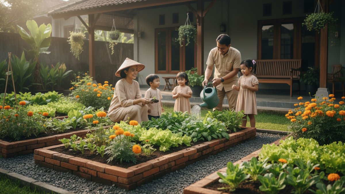 Bedengan sayuran dengan bunga marigold sebagai tanaman pendamping.