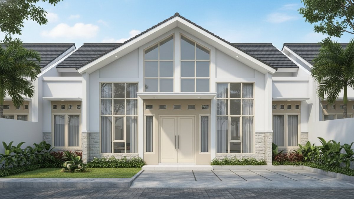 ampilan fasad rumah American Style Modern dengan atap pelana dan jendela besar di kawasan tropis.