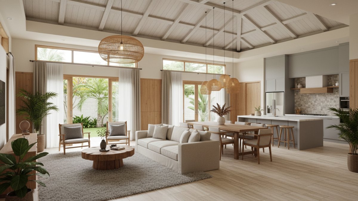 Interior ruang keluarga open space menyatu dengan dapur bergaya modern hangat.