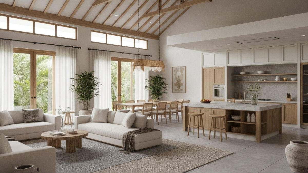 Rumah open plan dengan kitchen island multifungsi