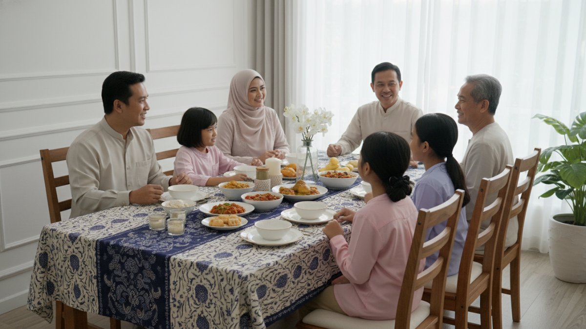 Taplak meja makan dengan dekorasi minimalis di ruang makan modern.