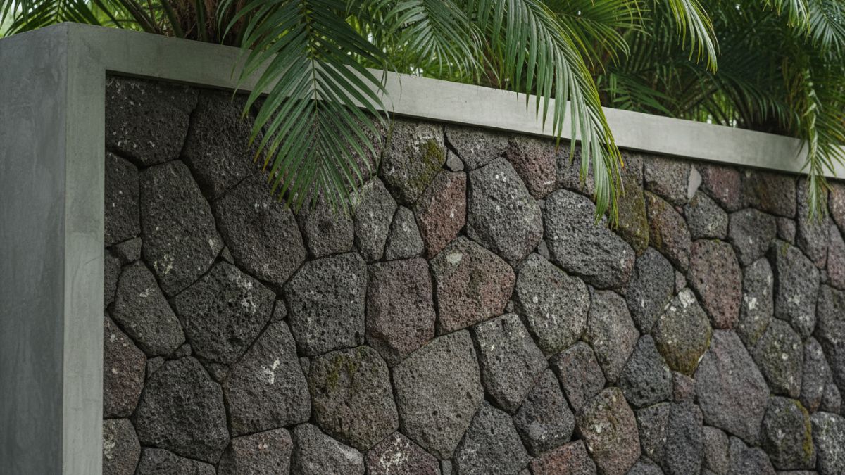 Detail tekstur batu alam andesit pada dinding depan rumah tropis modern.