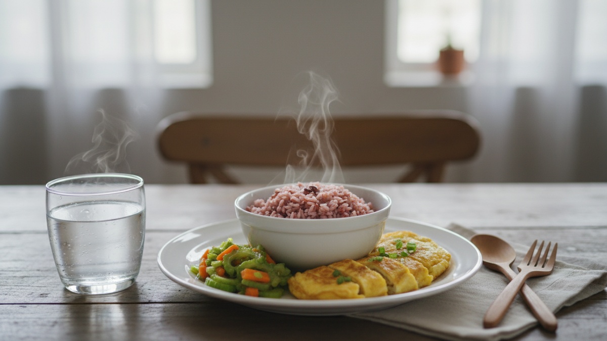 Menu sahur Ramadan dengan nasi merah, telur, sayur dan air putih tersaji sederhana namun seimbang.