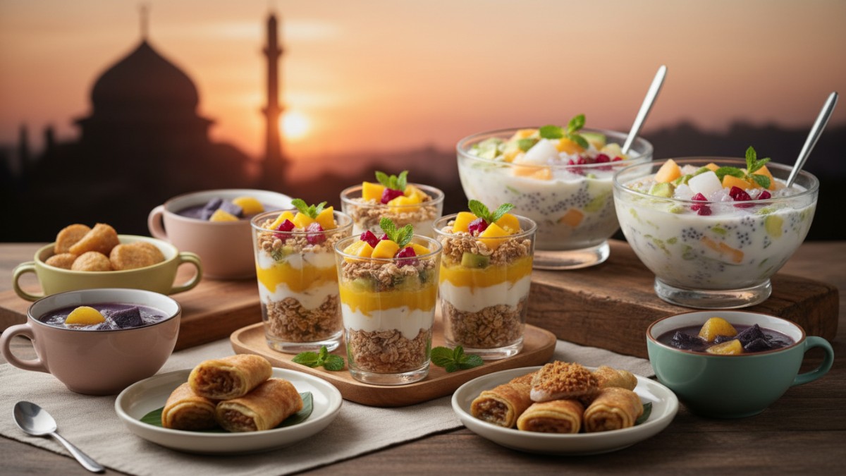 Aneka takjil kekinian seperti dessert cup dan es buah tersaji menarik untuk berbuka puasa.