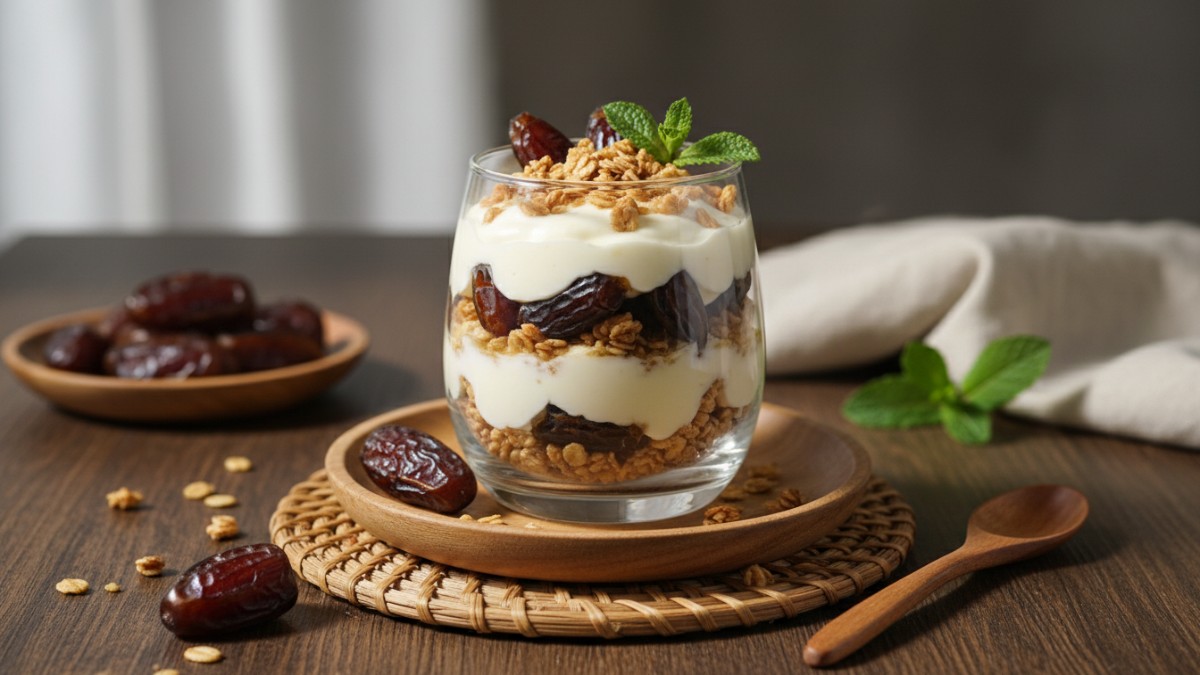 Tampilan dessert cup kurma yogurt sebagai ide takjil modern.