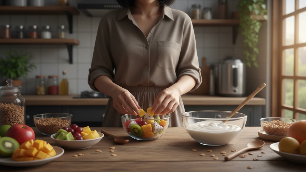 Proses penyusunan takjil sehat dengan buah dan yogurt.