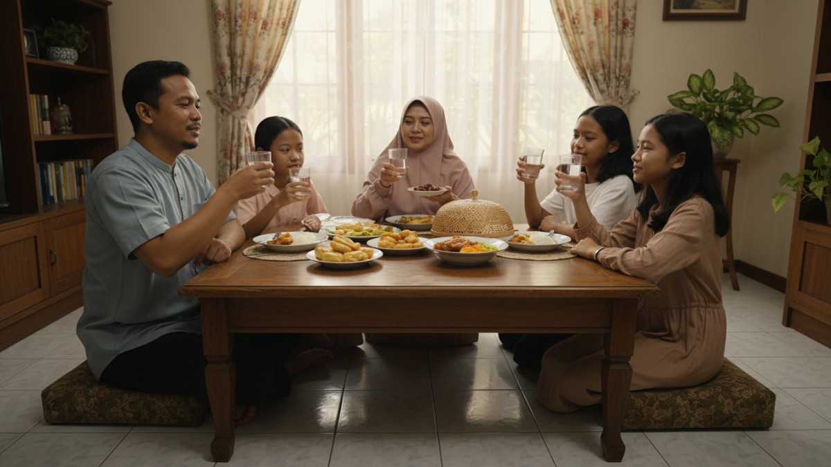 Aktivitas berbuka puasa dengan air putih dan kurma sebelum makan utama.