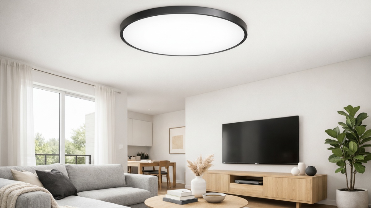 Model lampu plafon flush mount pada ruang minimalis.