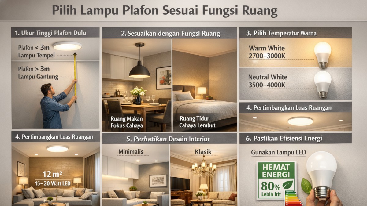 Proses pemilihan lampu plafon sesuai fungsi ruang.