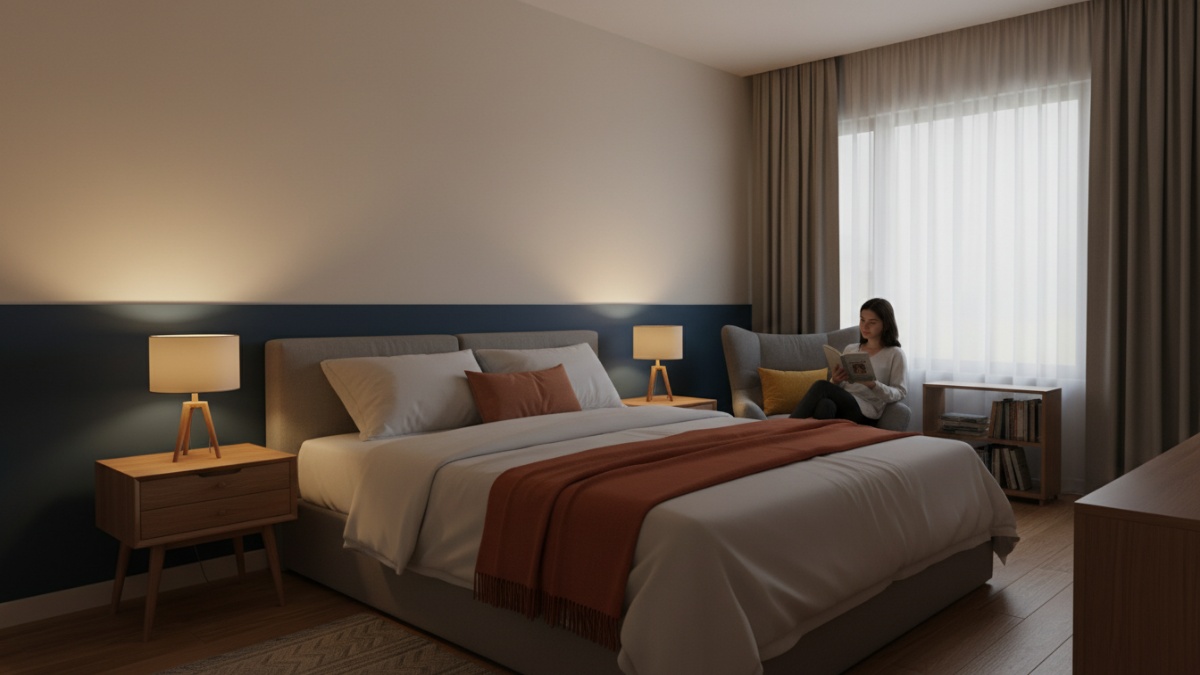 Kombinasi warna dinding dan lampu warm white di kamar modern.