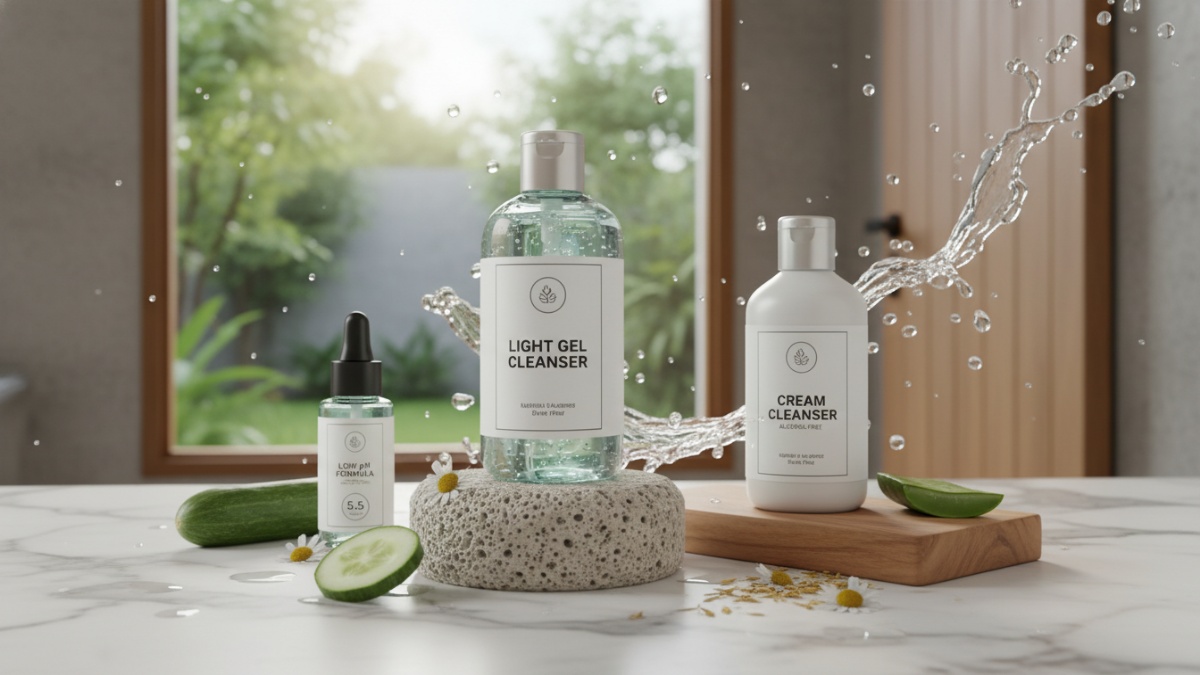 Botol facial wash dengan label low pH.