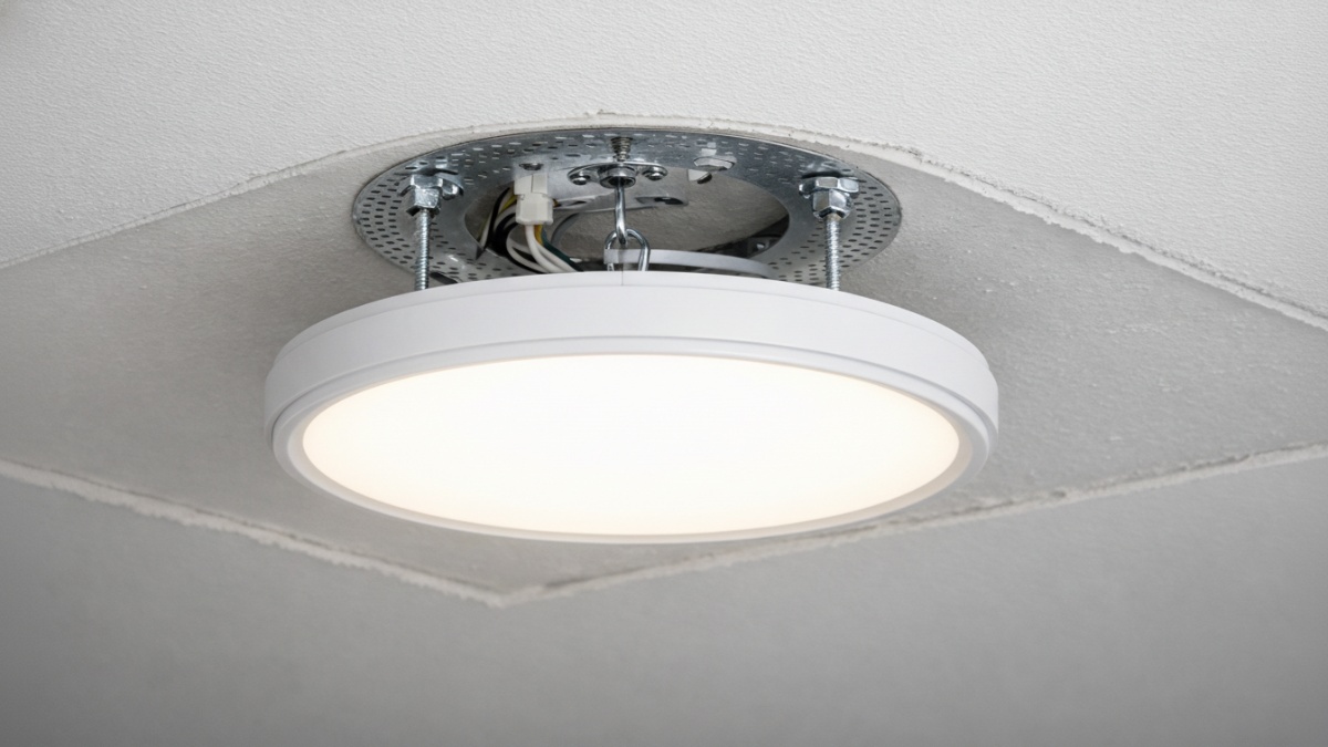 Instalasi lampu plafon aman di plafon gypsum.