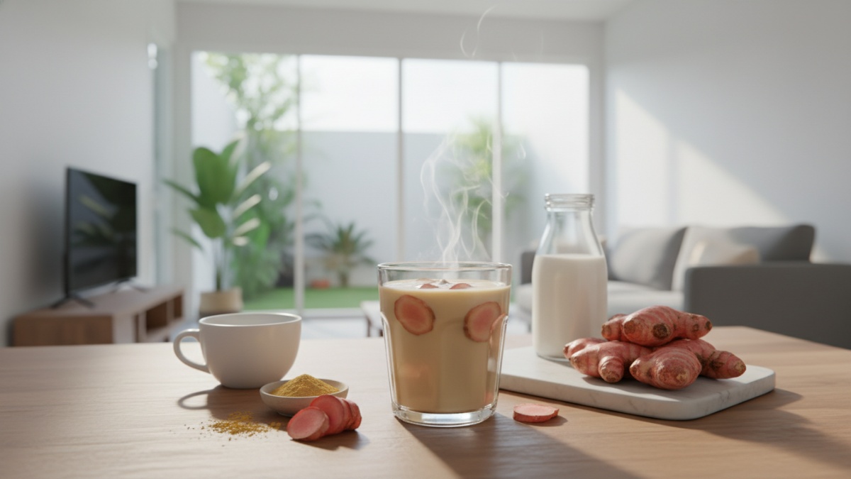 Jahe segar dan susu cair berdampingan sebagai bahan utama minuman sehat rumahan.