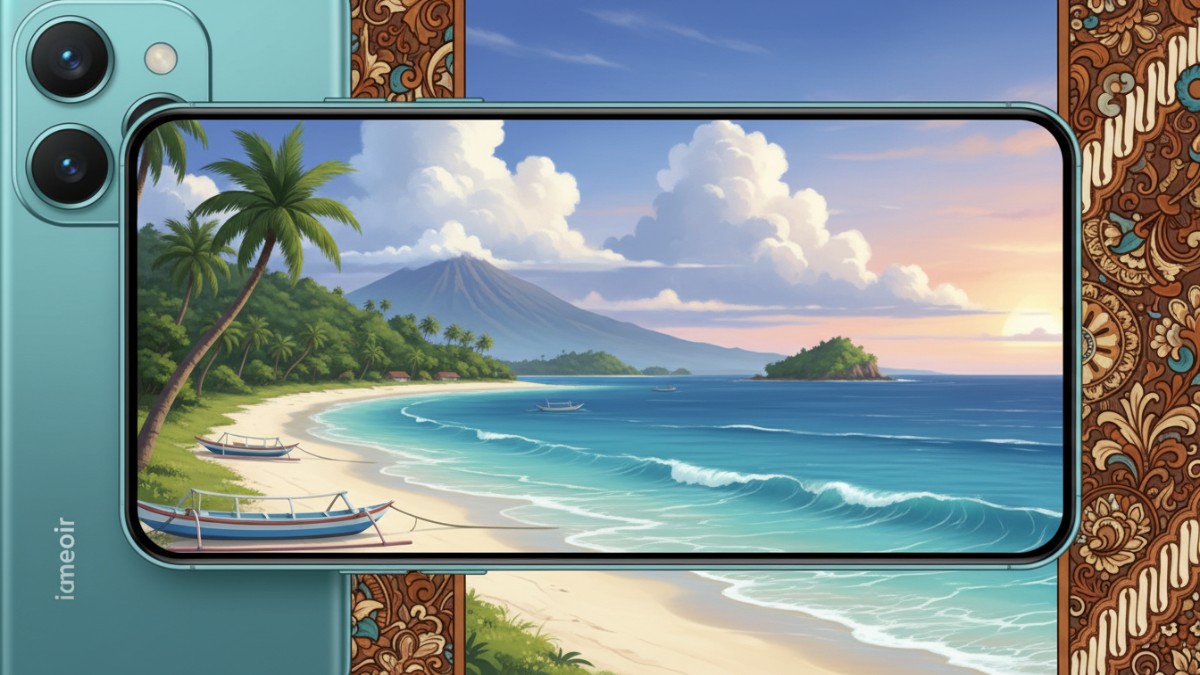 Ilustrasi ponsel ekonomis 2026 memotret lanskap pantai dengan kamera ultrawide sudut luas.