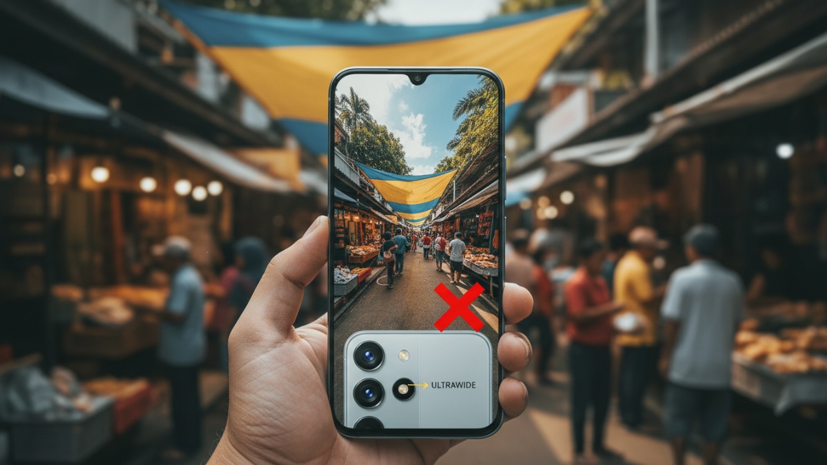 Perbandingan distorsi wajah di tepi frame kamera ultrawide murah.