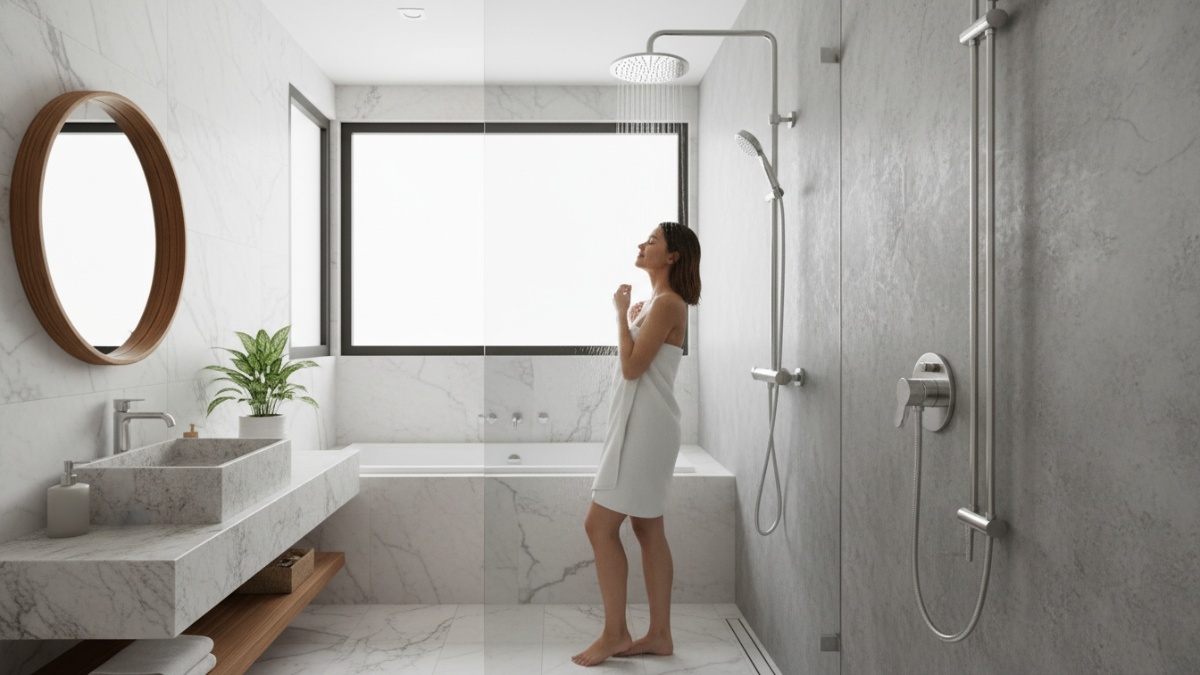 Instalasi shower kamar mandi modern dengan sistem pipa tertanam rapi. 