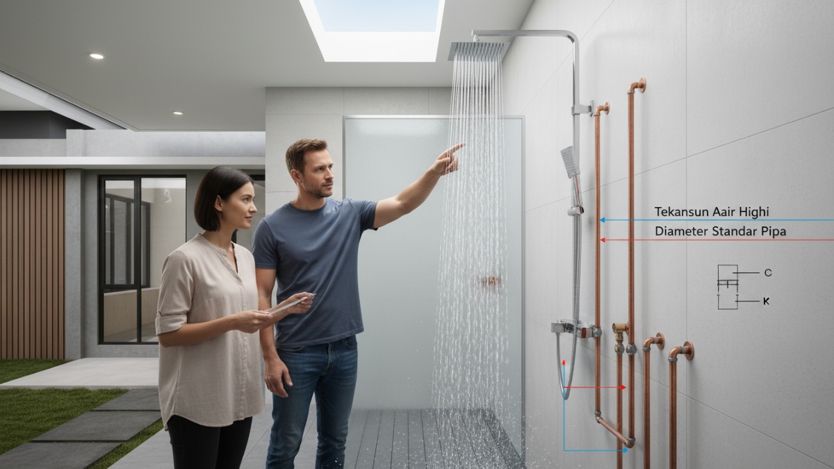 Ilustrasi tekanan air dan diameter pipa shower standar rumah. 