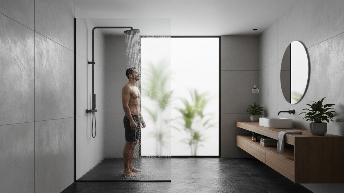 Contoh posisi tinggi shower head ergonomis di kamar mandi. 