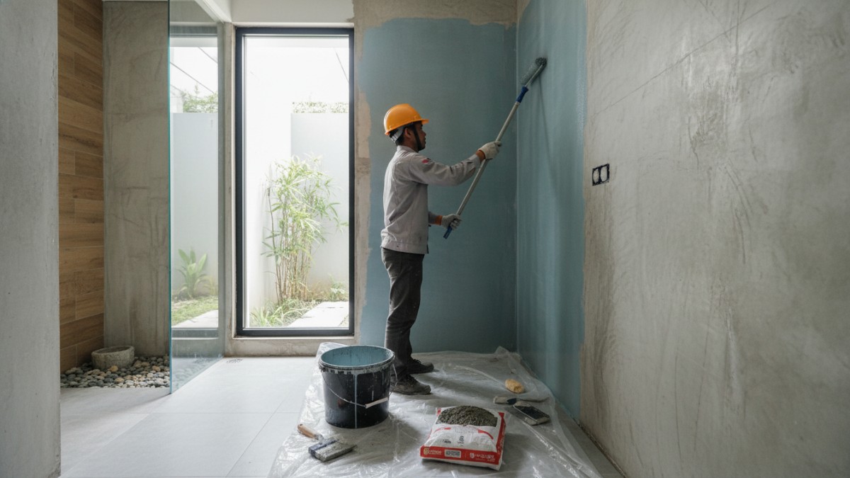Proses waterproofing dinding sebelum pemasangan keramik. 