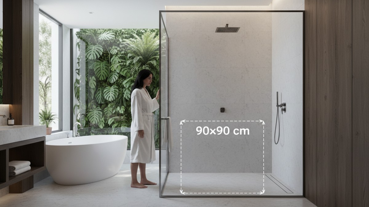 Diagram ukuran area shower ideal 90x90 cm. 