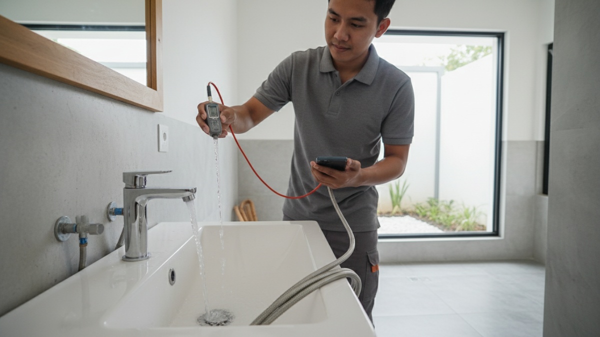 Uji tekanan air setelah instalasi keran selesai. 