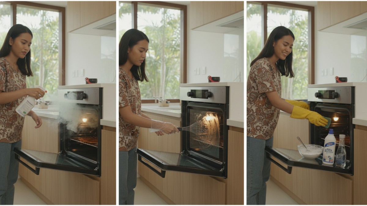 Oven dapur dengan kerak lemak sebelum dan sesudah dibersihkan.