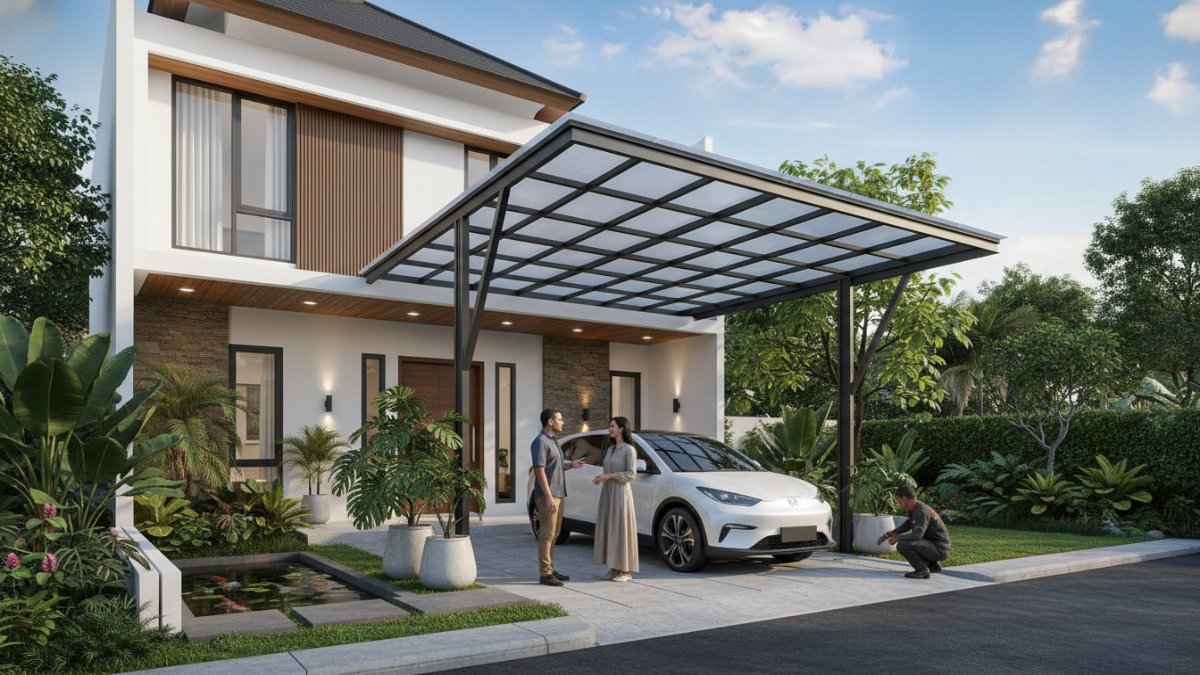 Instalasi kanopi carport baja ringan modern di rumah tropis. 