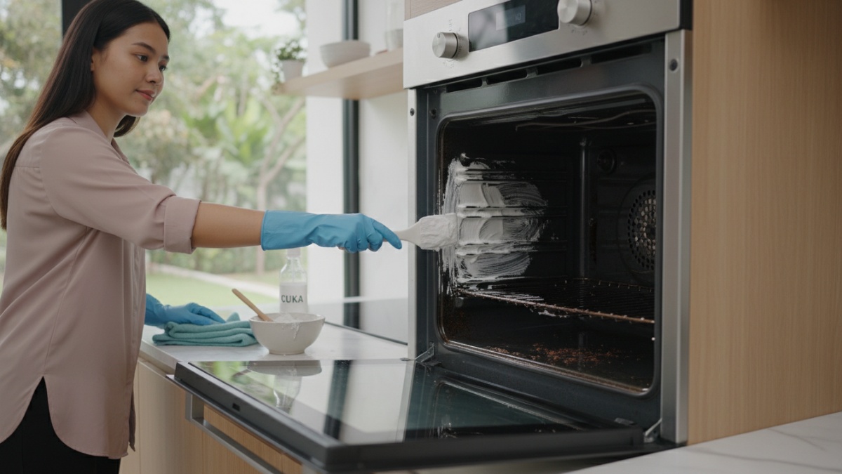 Proses membersihkan oven dengan baking soda dan cuka.