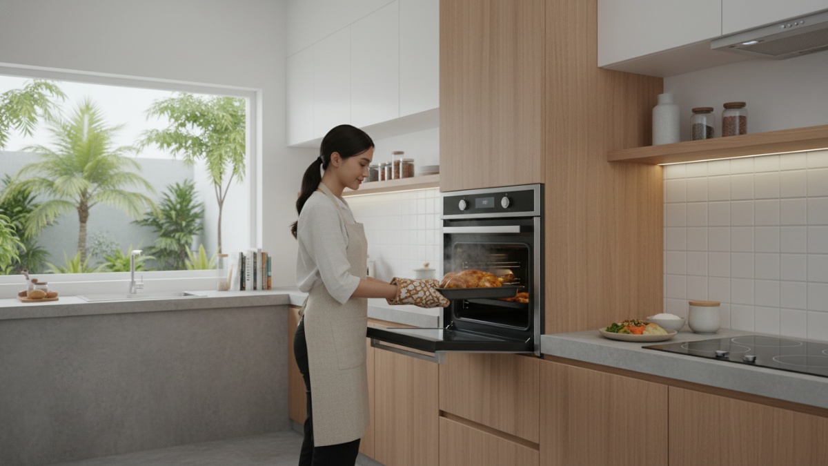 Dapur modern bersih dengan oven terawat.