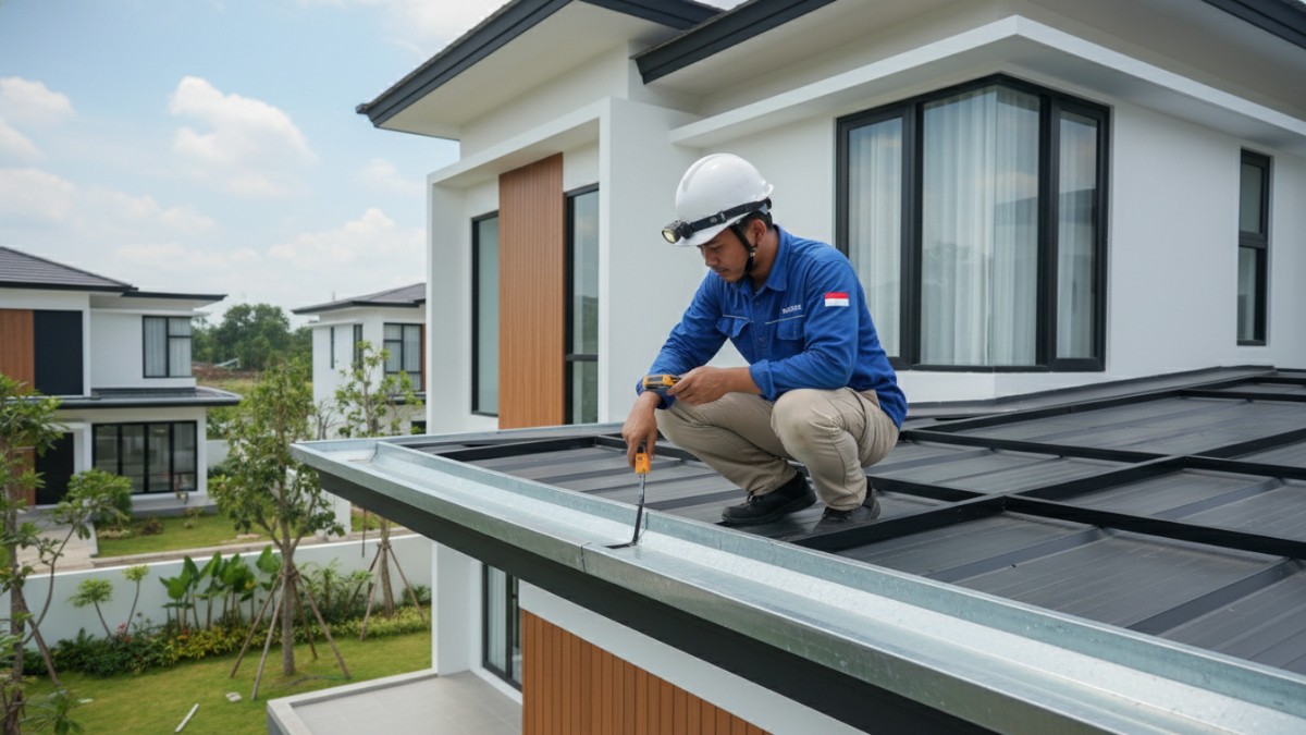 Proses pengecekan sambungan atap dan talang air. 
