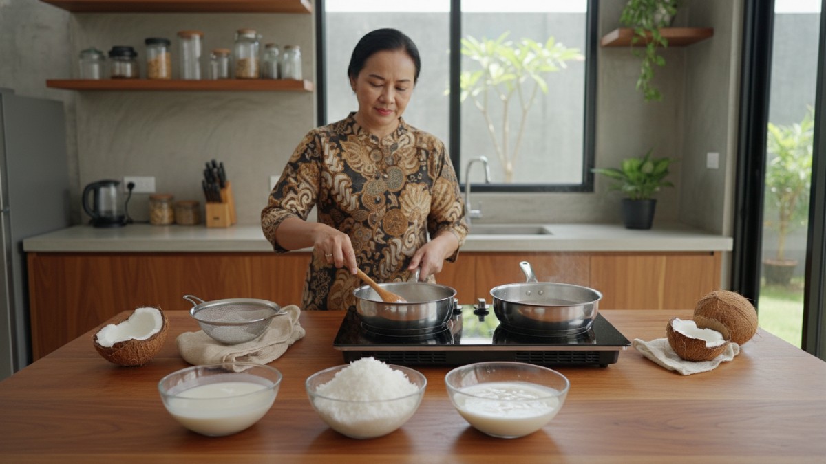 Santan dipanaskan di wajan stainless dengan api kecil.
