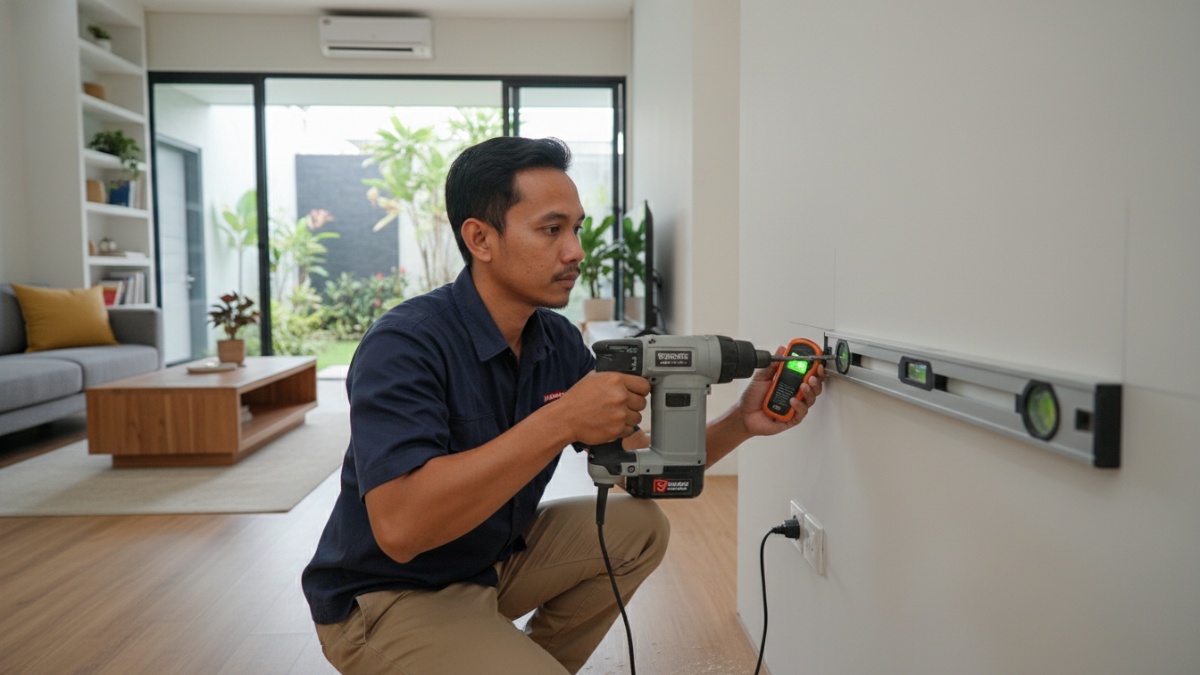 Proses pengeboran presisi menggunakan waterpass dan stud finder. 