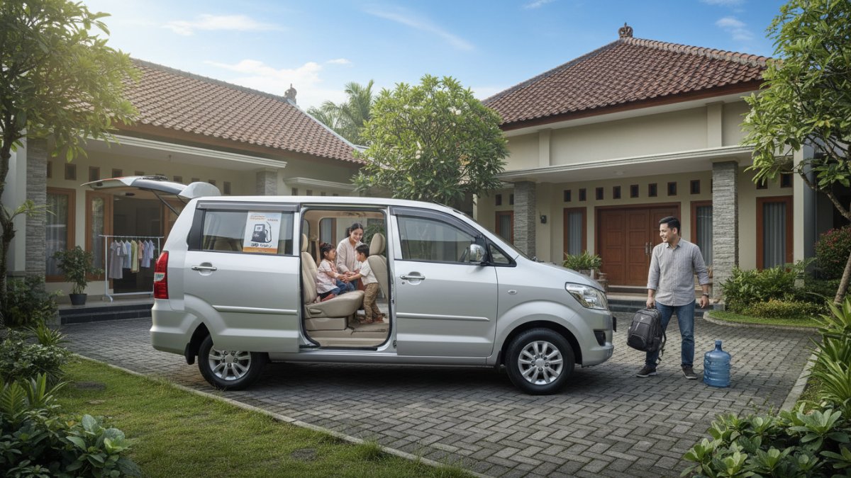 Suzuki APV parkir di halaman rumah keluarga, menonjolkan kabin luas dan konsep mobil keluarga irit BBM.