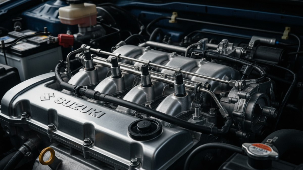 Tampilan mesin 1.5L Suzuki APV dengan fokus komponen injeksi bahan bakar.