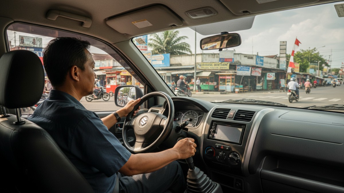 Pengemudi memindahkan gigi di RPM rendah saat berkendara di jalan kota.