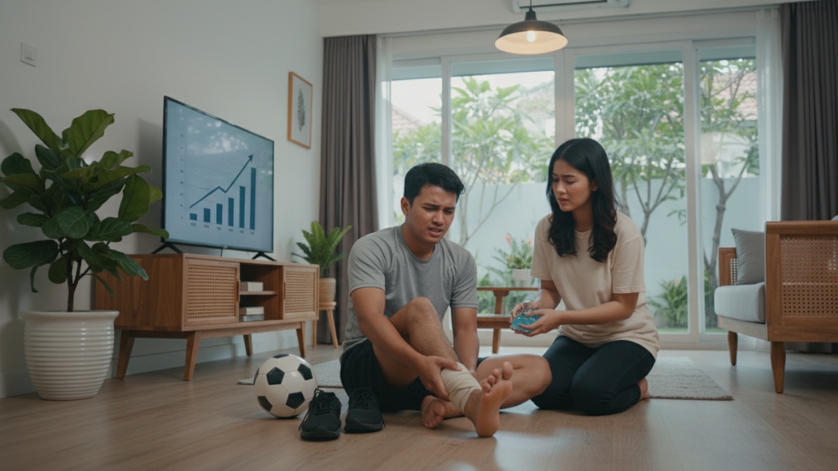 Ilustrasi pemanasan dinamis sebelum lari pagi di lapangan terbuka dengan ekspresi fokus dan energik.