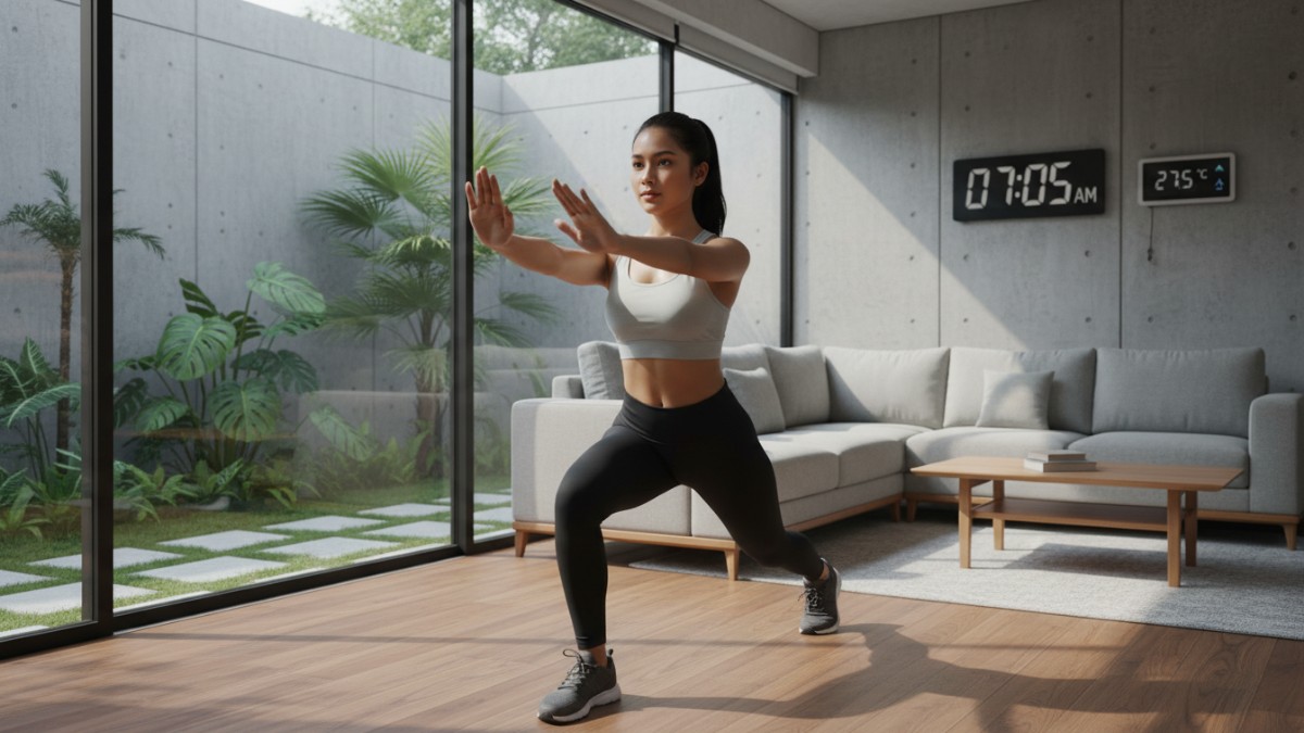 Close-up gerakan leg swing untuk meningkatkan fleksibilitas otot paha.