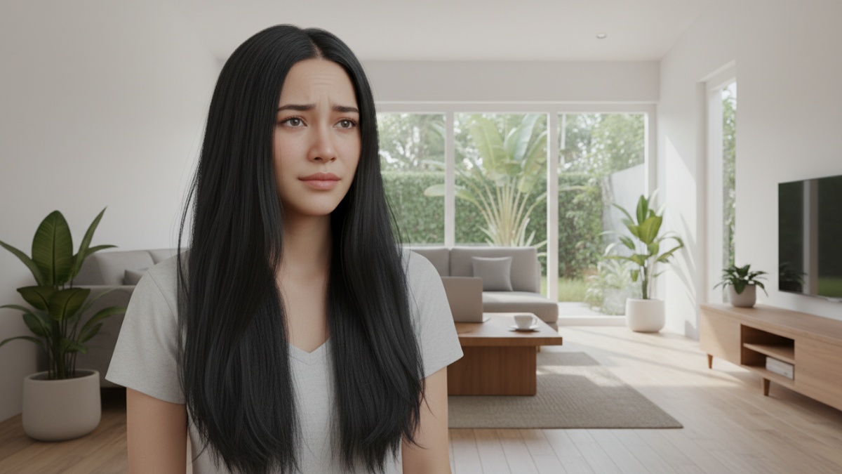 Ilustrasi struktur rambut panjang yang tertarik gravitasi sehingga tampak rata.