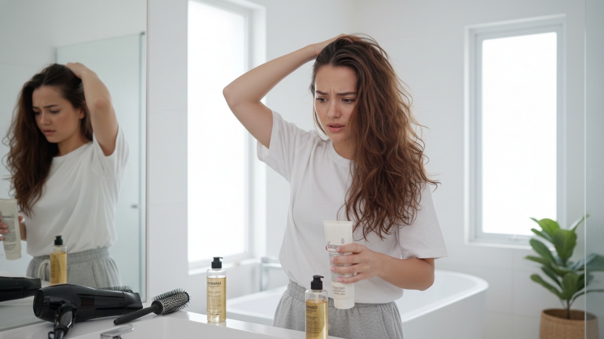 Contoh kesalahan mengeringkan rambut lurus ke bawah tanpa mengangkat akar.