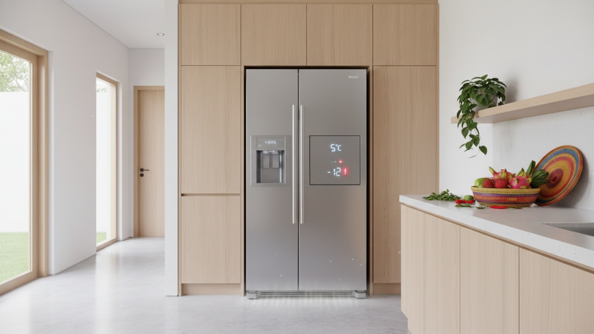 Ilustrasi pengaturan suhu kulkas digital 3&deg;C dan freezer -18&deg;C di dapur rumah tropis.