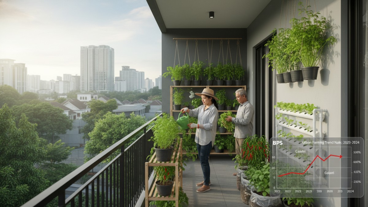 Pot seledri hijau rimbun tumbuh di media cocopeat di balkon rumah.