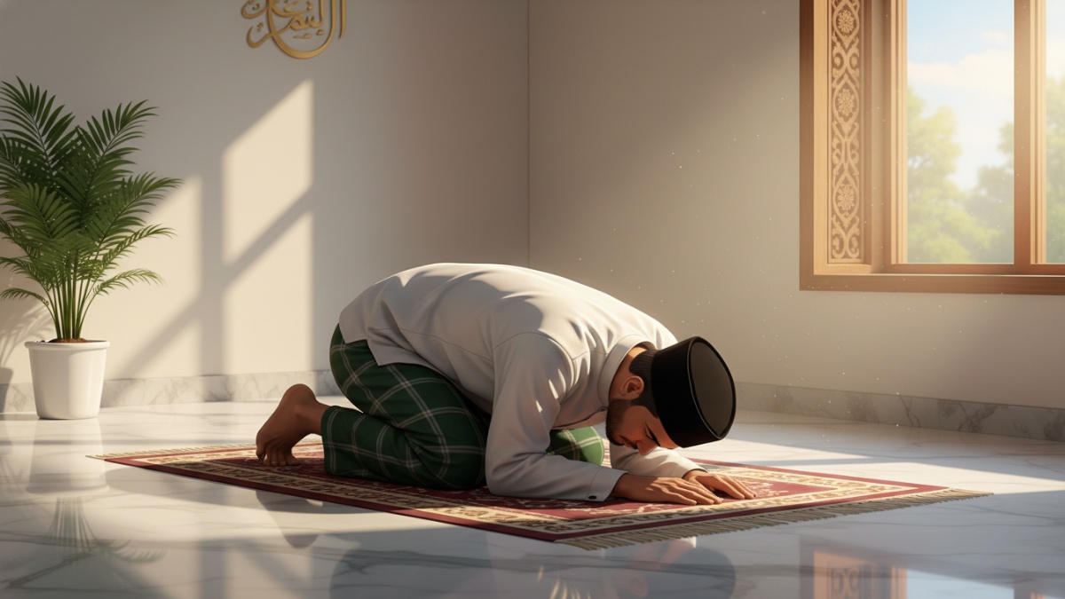 Ilustrasi ibadah shalat sebagai simbol manfaat yang terpengaruh sumber rezeki. 