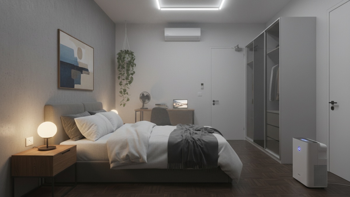 Kamar minimalis tanpa jendela dengan pencahayaan terang dan ventilasi mekanis.