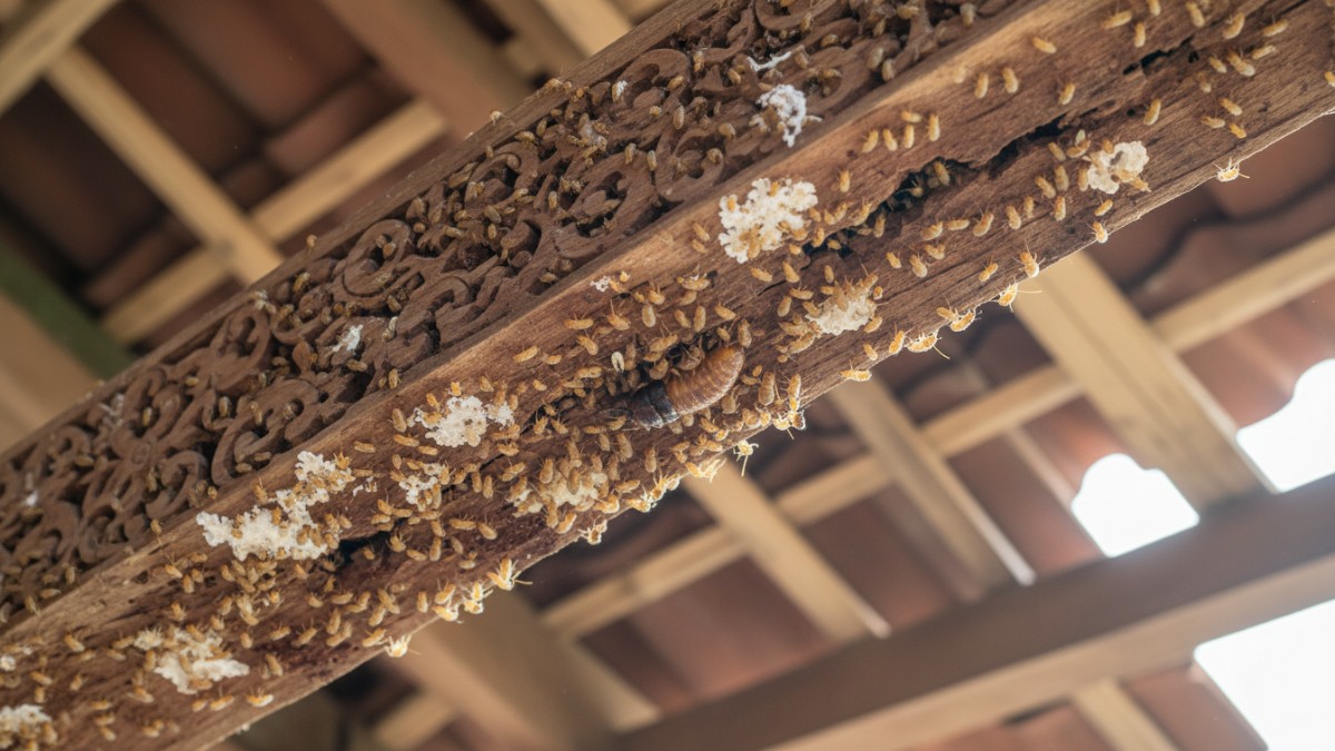 Koloni Rayap menyerang kayu di atap rumah